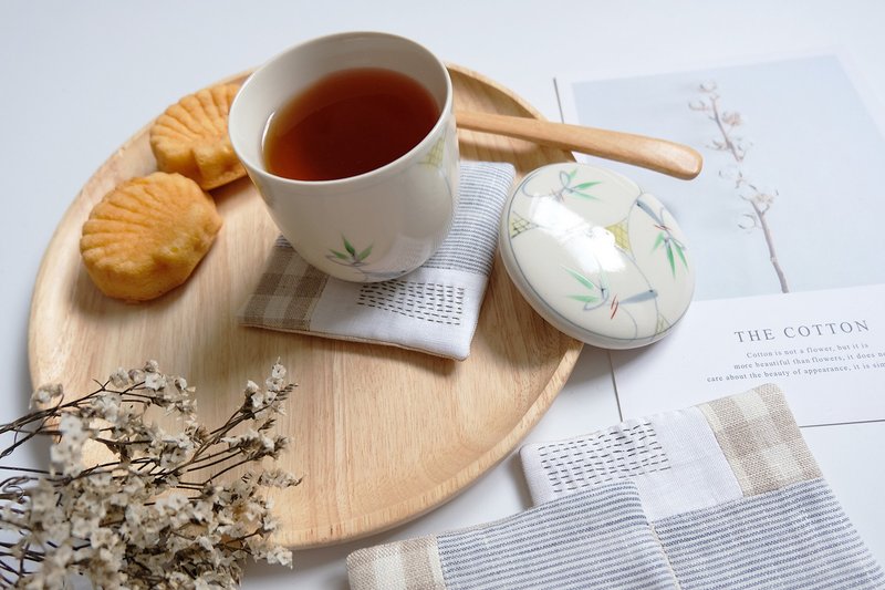 Little Things Coaster Set  011 - Blue Stripe White (4 Pieces /Set ) - 杯垫 - 棉．麻 白色