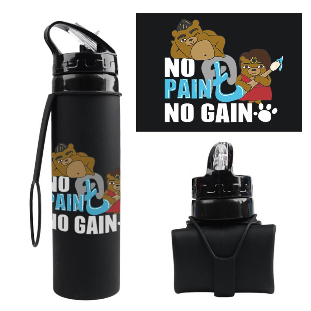 No Paint no Gain 麻甩熊 可折叠樽 500ml - 茶具/茶杯 - 硅胶 黑色