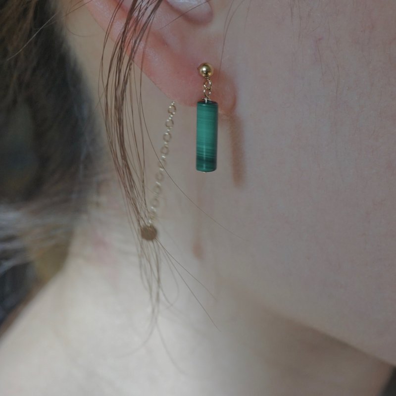 孔雀石耳环 美国14kgf耳环 | 孔雀石柱型垂坠耳环 ER-00003 - 耳环/耳夹 - 半宝石 绿色