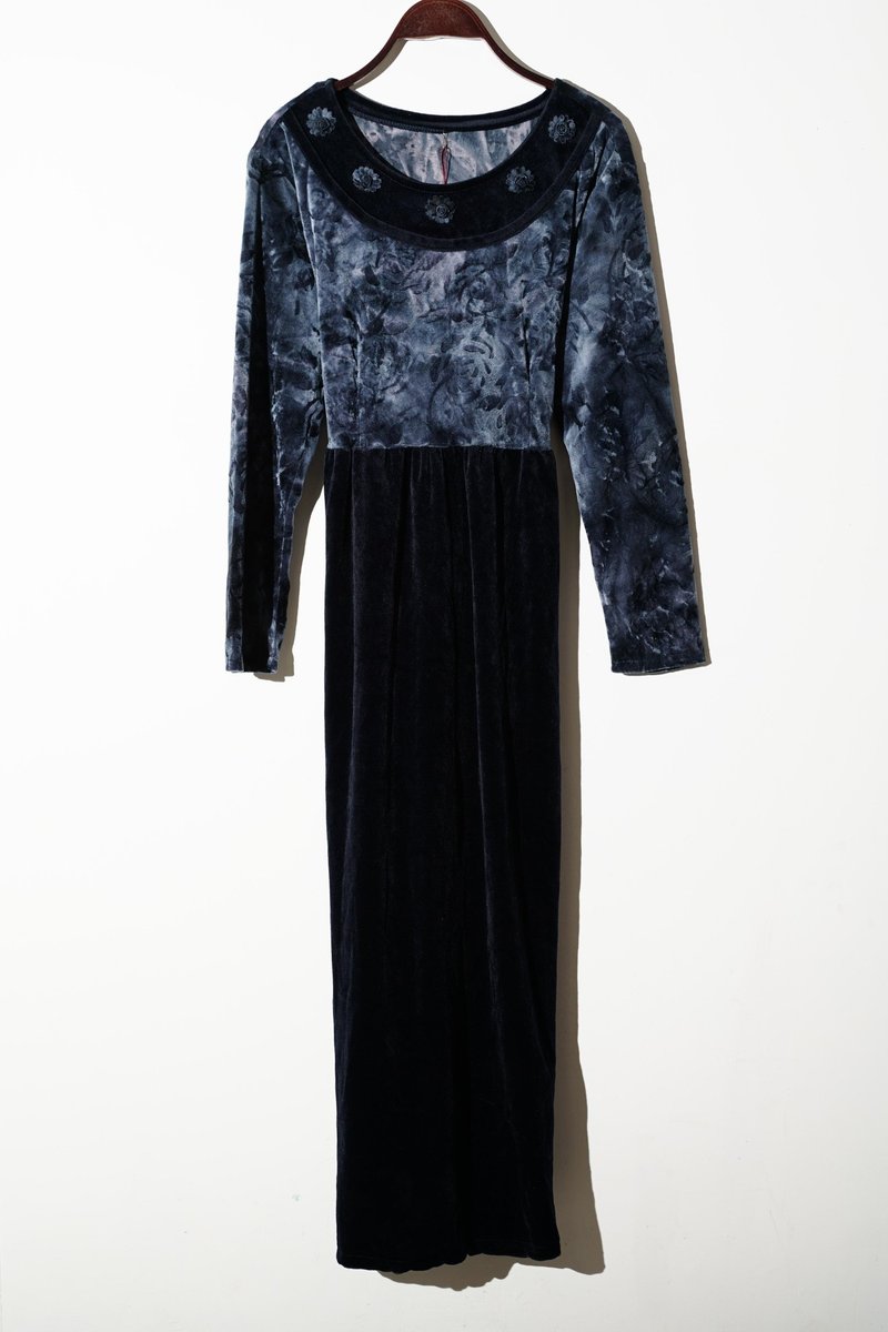 纯情百货行 Vintage 古着 古着洋装 天鹅绒 蓝玫瑰绑带洋装 - 洋装/连衣裙 - 其他材质 蓝色