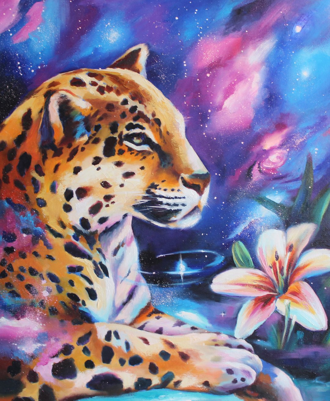Leopard Oil Painting Canvas Colorful Animal Wall Art Wild Cat Original Artwork - 墙贴/壁贴 - 其他材质 蓝色