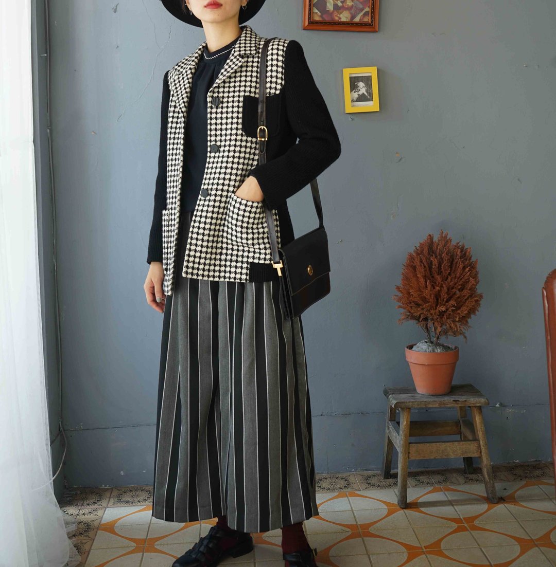 寻宝古着-Leilian黑白千鸟格拼接袖西装外套 - 女装西装外套/风衣 - 羊毛 黑色