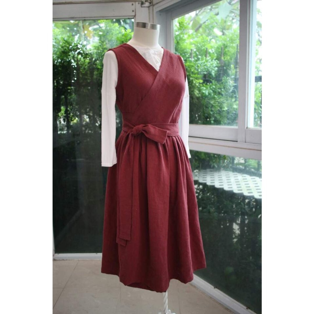 Handmade by Cherry 日常韩服 - 酒红色背心韩服连身裙 秋冬 - 洋装/连衣裙 - 棉 红色