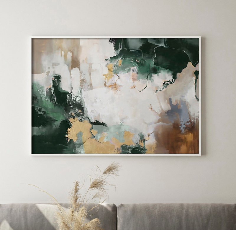 绿色抽象画布画 | 大型绿金抽象艺术 | 绿色闪光 - 墙贴/壁贴 - 棉．麻 绿色