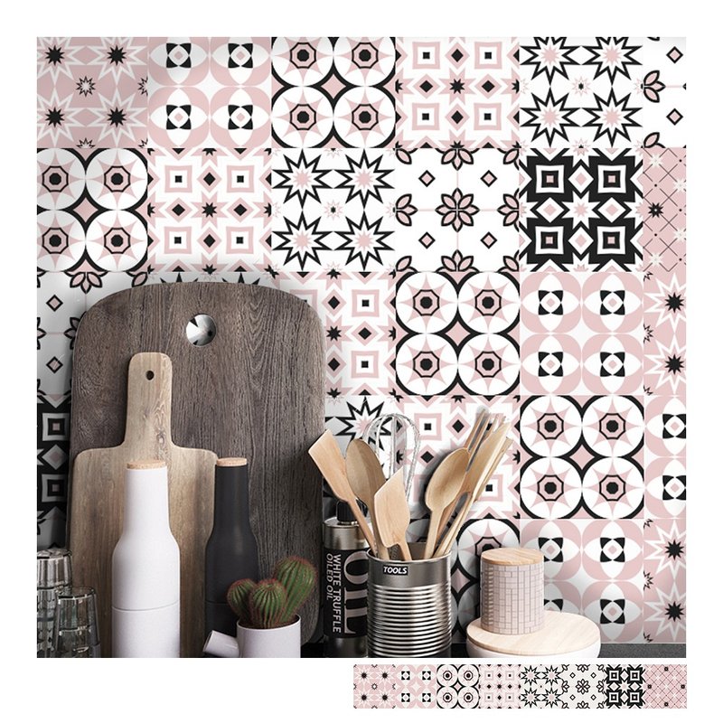 复古花砖壁贴 U款 欧风自黏壁纸 瓷砖墙贴 磁砖贴纸 踢脚线 防水 - 墙贴/壁贴 - 塑料 粉红色