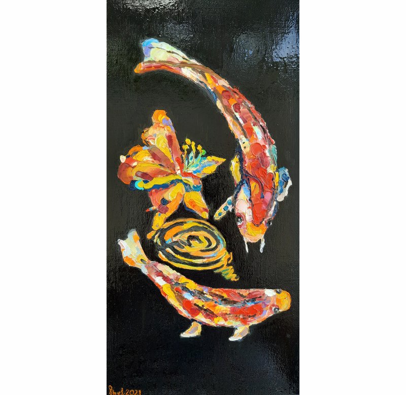 锦鲤 油画原作 手工油画 挂画 油画 - 海报/装饰画/版画 - 其他材质 黑色