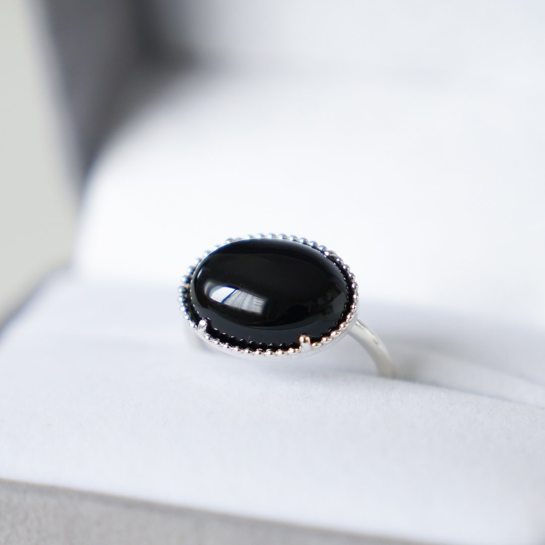 Large black onyx milgrain ring / sv925 / free shipping - 戒指 - 纯银 黑色