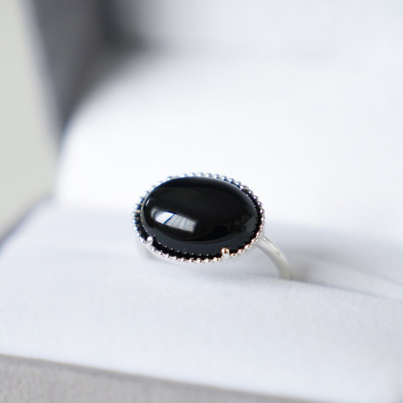 Large black onyx milgrain ring / sv925 / free shipping - 戒指 - 纯银 黑色