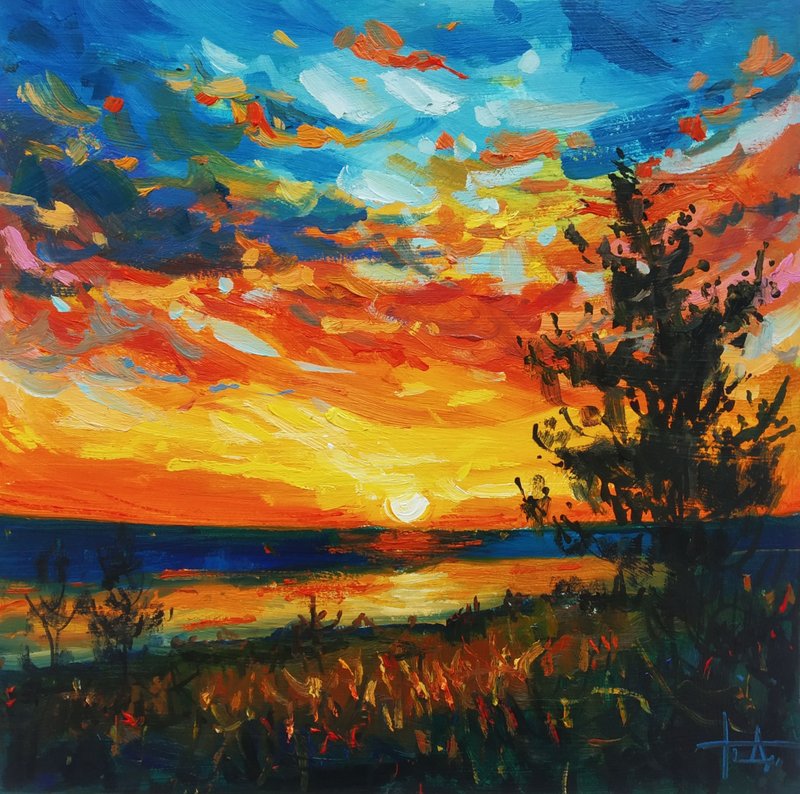 原创风景画 灿烂日落 小幅画作 8x8 英寸 - 墙贴/壁贴 - 纸 多色
