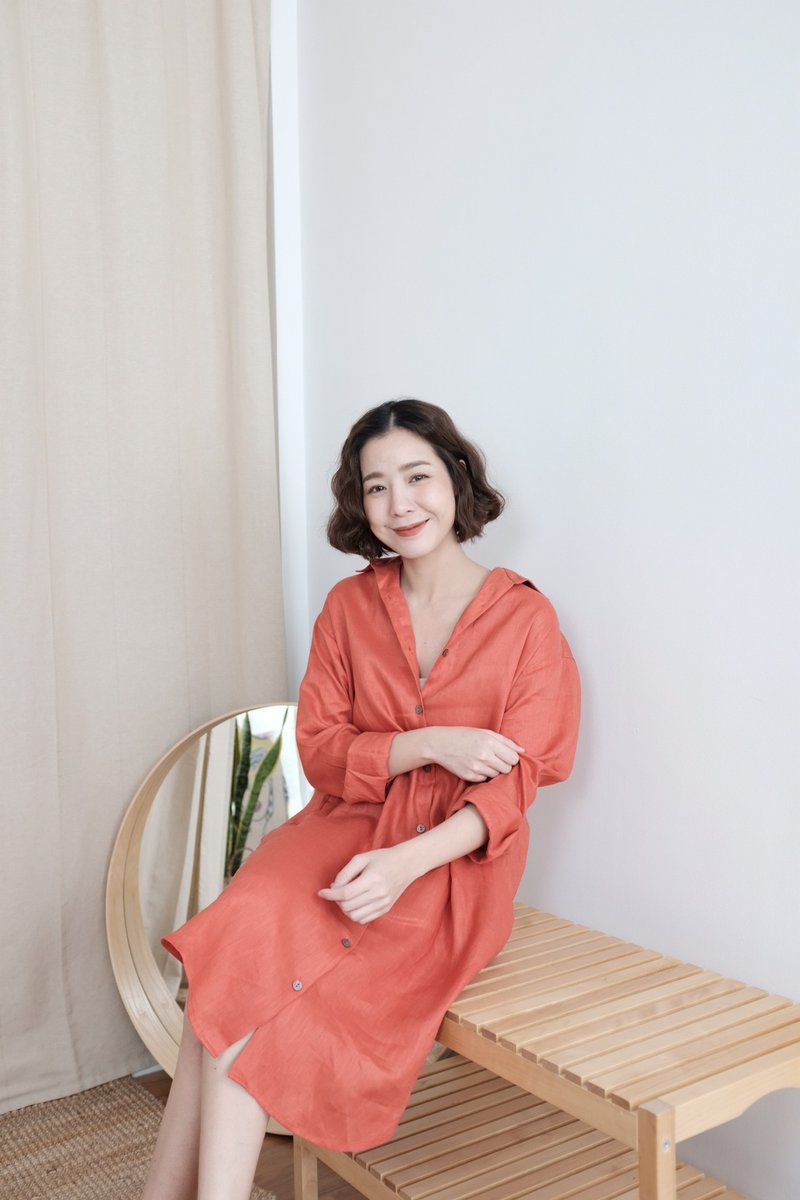 WHITEOAKFACTORY Mia long sleeve linen shirt dress / Coat dress - Coral orange - 女装衬衫 - 棉．麻 橘色