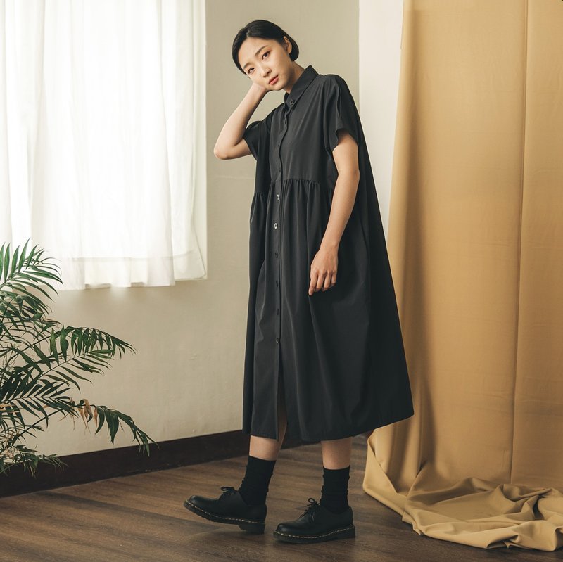 Encounter_邂逅皱褶衬衫洋装_21SF102_寂寞黑 - 洋装/连衣裙 - 聚酯纤维 黑色