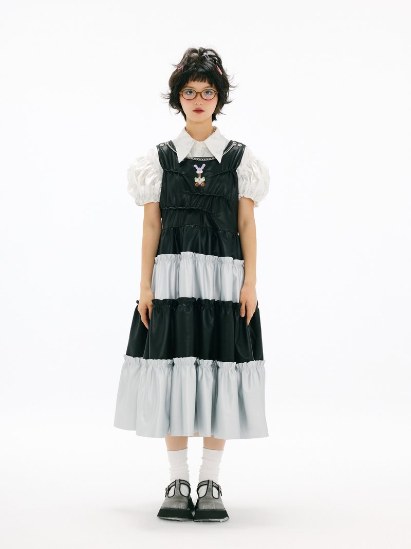 黑银拼皮背心裙 彩色刺绣气球人 链条装饰 褶皱连衣裙 - 洋装/连衣裙 - 其他材质 黑色