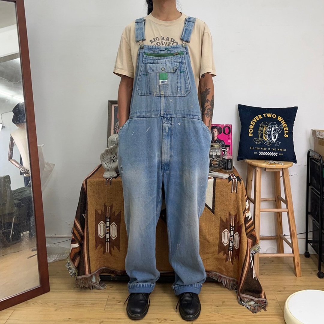 LIBERTY  水洗 泼漆 浅色牛仔 丹宁 吊带裤 古着 overalls 二手 - 男士长裤 - 棉．麻 蓝色