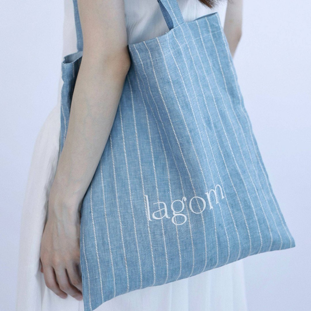 【lagom】森系复古文青/纯亚麻条纹刺绣两色单肩布包 - 侧背包/斜挎包 - 棉 蓝色