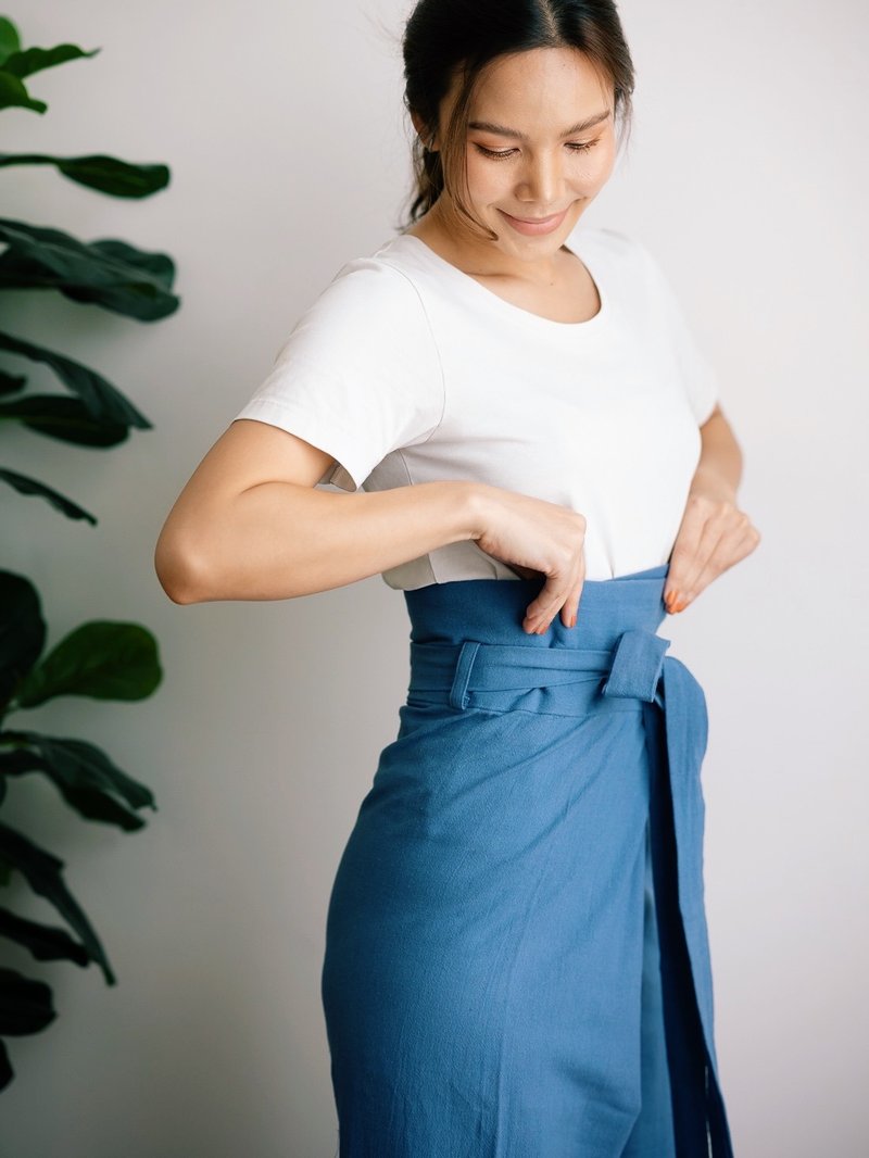 Pahn : Blue Cotton Wrapped Pants - 男士长裤 - 棉．麻 蓝色