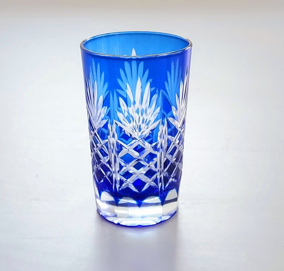 昭和年代 • 日本手工切花华丽刻花蓝白双色玻璃杯 - 玻璃杯 - 玻璃 蓝色