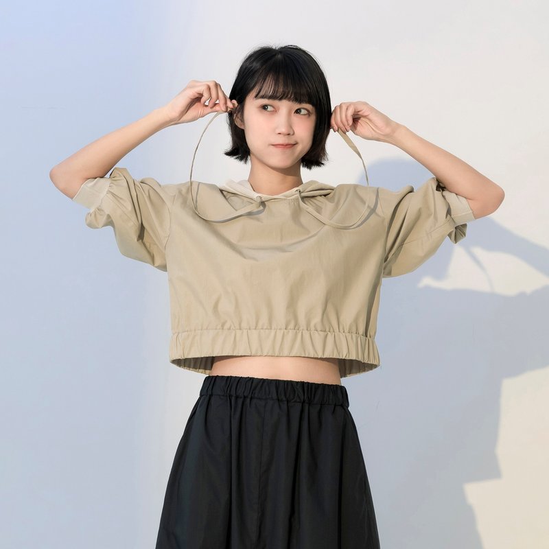 网纱拼接连帽短上衣 - 女装上衣 - 棉 卡其色