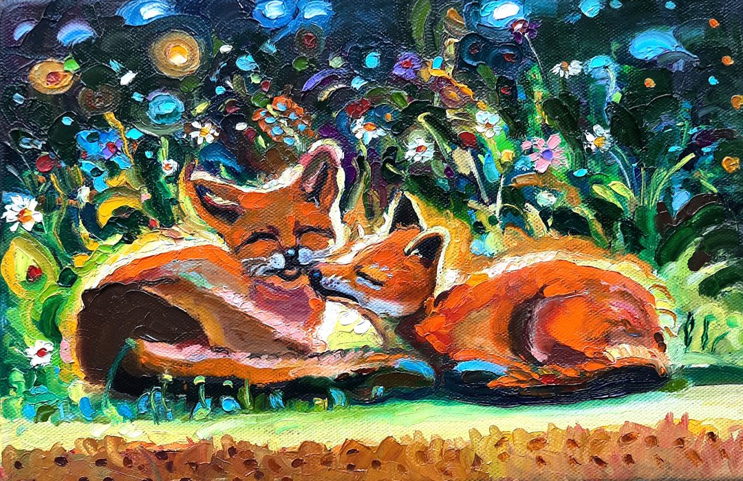 狐狸艺术情侣画森林艺术原创艺术油画布面油画 - 墙贴/壁贴 - 其他材质 橘色