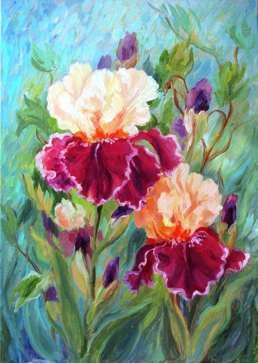 Iris Painting Oil Flowers Original Art 油畫原作 Floral Artwork Canvas Art - 海报/装饰画/版画 - 颜料 粉红色
