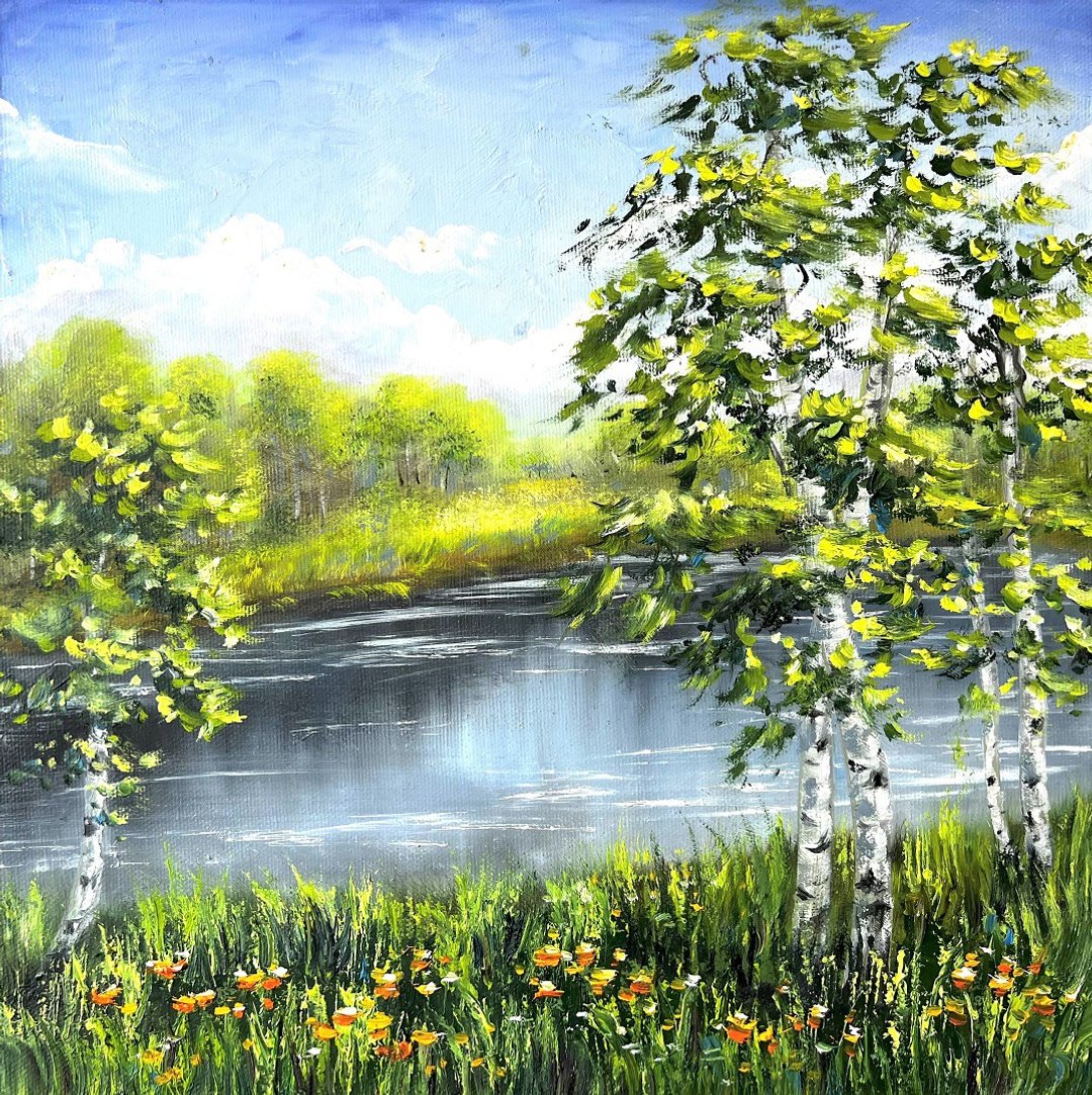 白桦树绘画风景原创艺术品 40x40 厘米/16x16 英寸，AnaskoArt 出品 - 海报/装饰画/版画 - 棉 多色