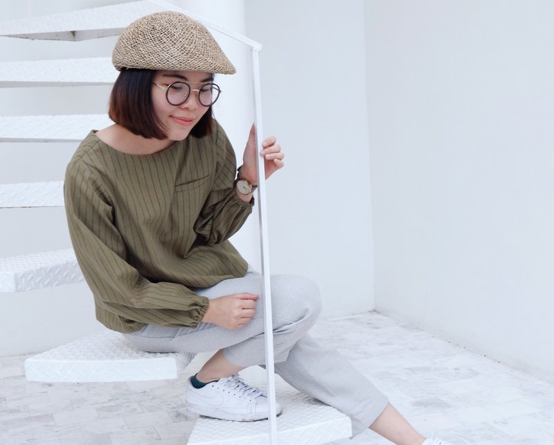 Yuri Blouse : Green with line - 女装上衣 - 棉．麻 绿色