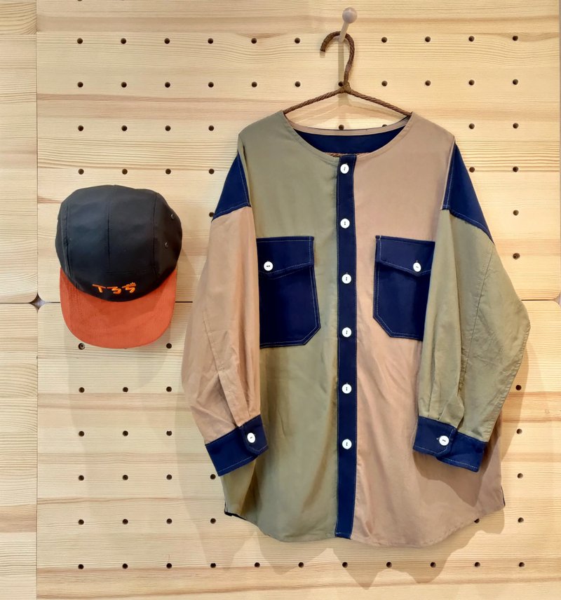 小牛村 日本设计款 亨利领 长袖衬衫 拼接薄外套 /outdoor之旅 - 女装衬衫 - 棉．麻 绿色