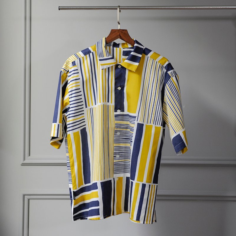 印花短版衬衫 / 铁皮屋黄蓝 - 男装衬衫 - 棉．麻 黑色