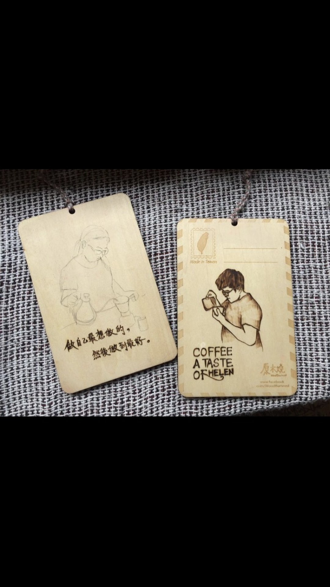 原木烧定制化烧刻烙画木质明信片/宠物画/人像画/木制卡片/三人 - 卡片/明信片 - 木头 咖啡色
