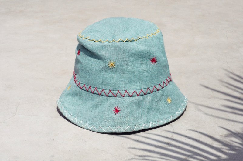 限量一件 手工刺绣拼接手织棉麻帽 / 渔夫帽 / 遮阳帽 / 拼布帽 / 手工帽 - 蓝色天空 星星 手工刺绣渔夫帽 - 帽子 - 棉．麻 蓝色