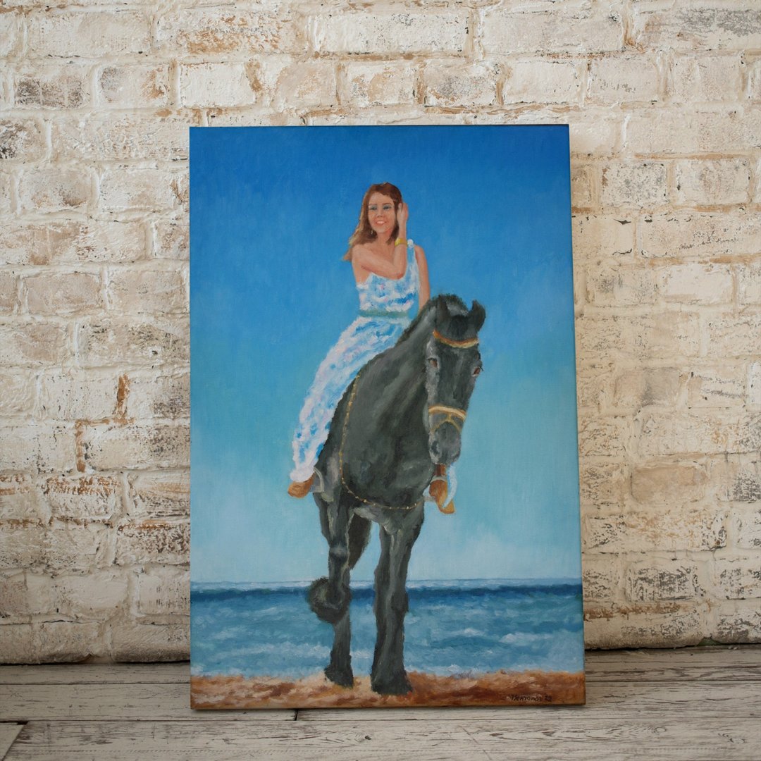 Girl and Horse Original Art Oil Painting Wall Decor Girl Horse Seascape - 海报/装饰画/版画 - 其他材质 蓝色