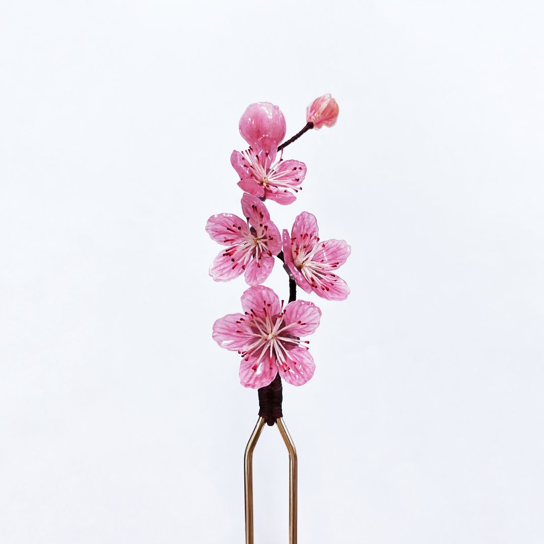 【桃花。花开】桃花发簪。手造日本树脂花饰。十二花季-三月。 - 发饰 - 树脂 粉红色