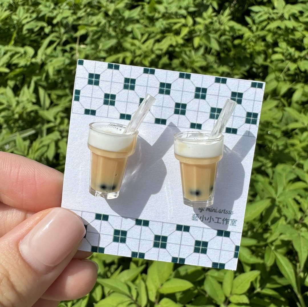 台式饮品系列- 奶盖珍珠奶茶 手作 耳环 - 耳环/耳夹 - 其他材质 