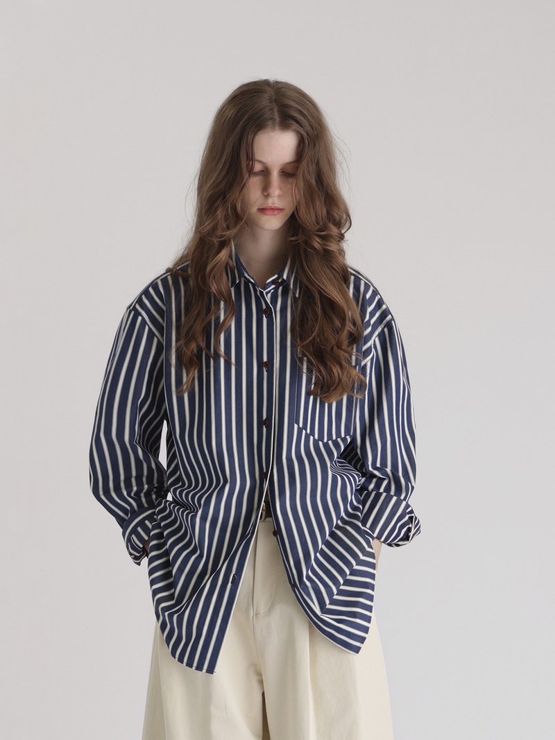 复古文青 / 全棉boyfriend衬衫 / 色织条纹 - 女装衬衫 - 其他材质 蓝色