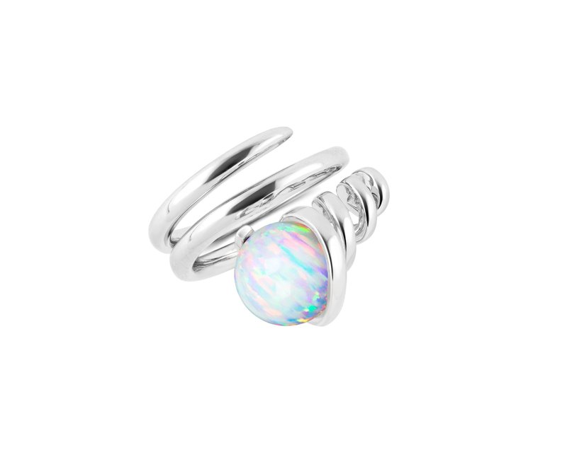 白欧泊925纯银戒指 螺旋环绕造型戒指 圆球宝石鸡尾酒厚版戒指 - 戒指 - 纯银 白色