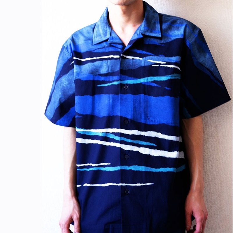 Navy Open Shirt Sea Wave Pattern Short Sleeve 1015 Unisex - 中性连帽卫衣/T 恤 - 棉．麻 多色