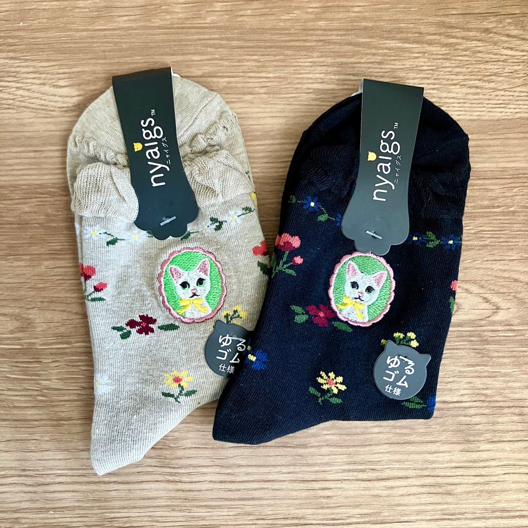 Cat ankle socks【nyaigs】cat and botanical flower - 袜子 - 棉 蓝色