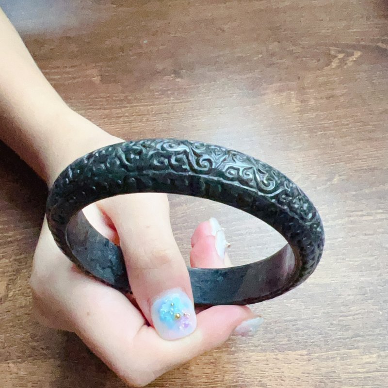乌鸡翡翠雕花手镯 | 20.5围 | 天然缅甸玉翡翠A货 | 送礼 - 手链/手环 - 玉石 黑色