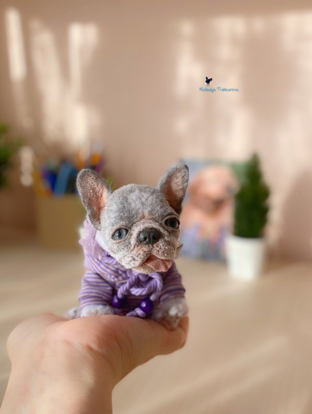法国斗牛犬毛绒小狗逼真玩具 - 玩偶/公仔 - 聚酯纤维 灰色