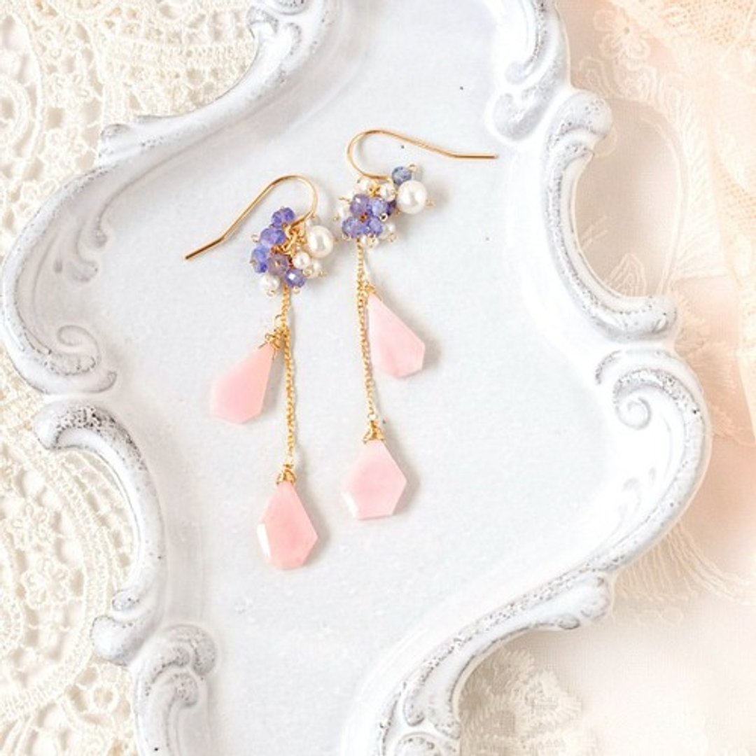 14kgf/[Pretty Hydrangea] Pink Opal x Tanzanite Earrings - 耳环/耳夹 - 宝石 