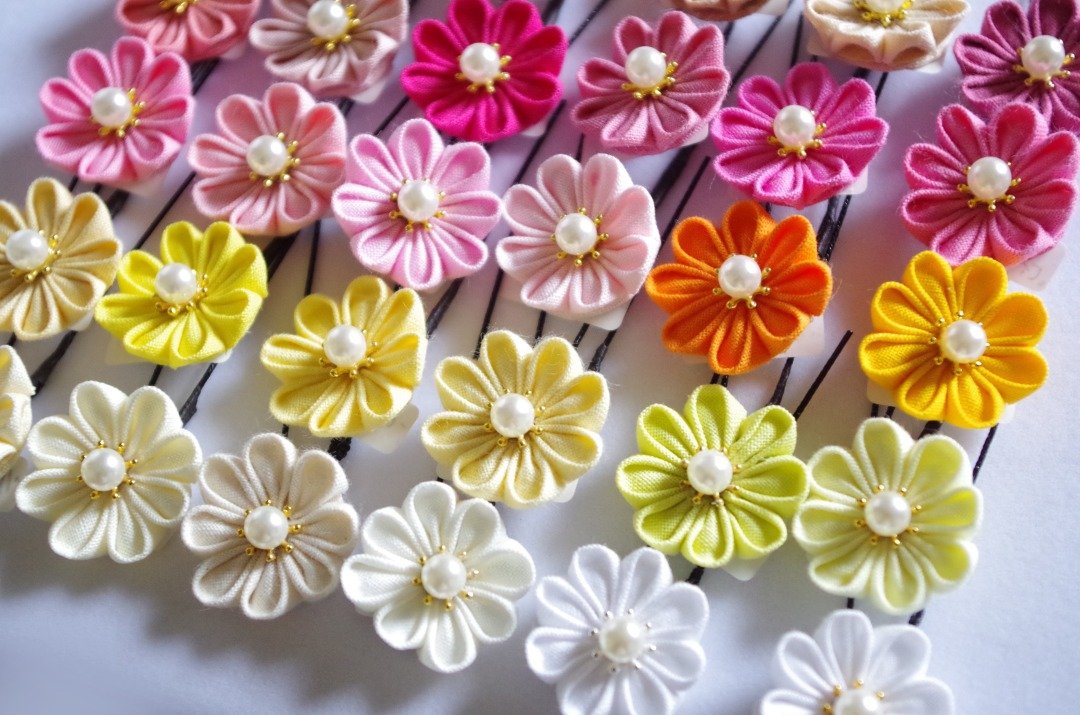 Tsumami work, cotton sheeting flower U pin, round knob 1 - 发饰 - 棉 多色