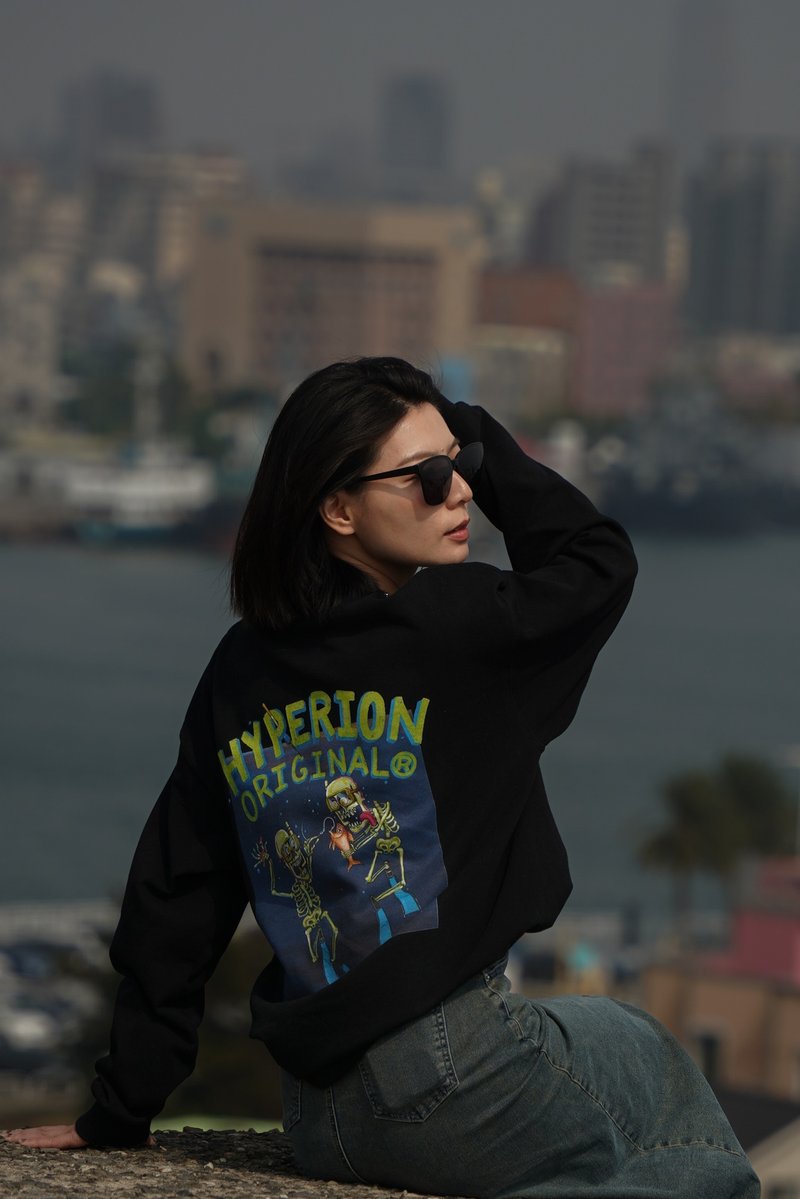 HYPERION 原创设计 死鱼正口 收竿就走 黑色重磅大学衣 - 中性连帽卫衣/T 恤 - 棉．麻 黑色