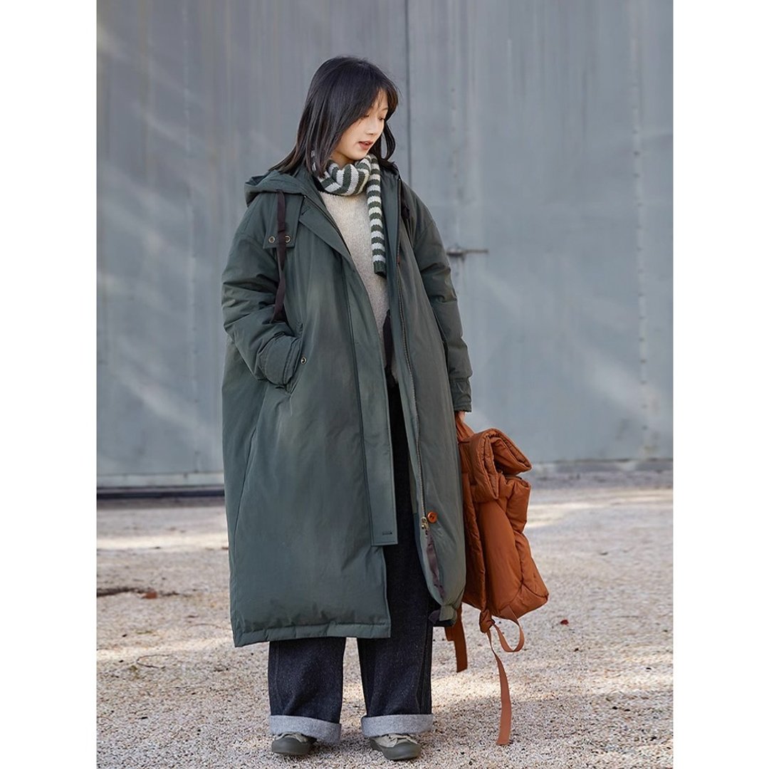 土灰绿长绒棉布双股织造连帽式羽绒服 - 其他 - 棉 