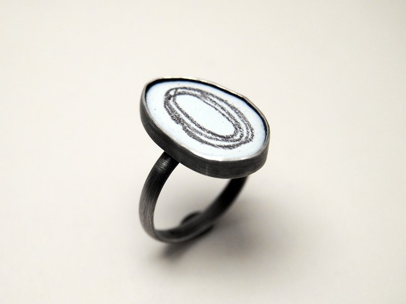 【Line系列】#a250 珐琅素描戒指(12号)/ 925银/ 手工礼物/ 定制 - 戒指 - 银 银色