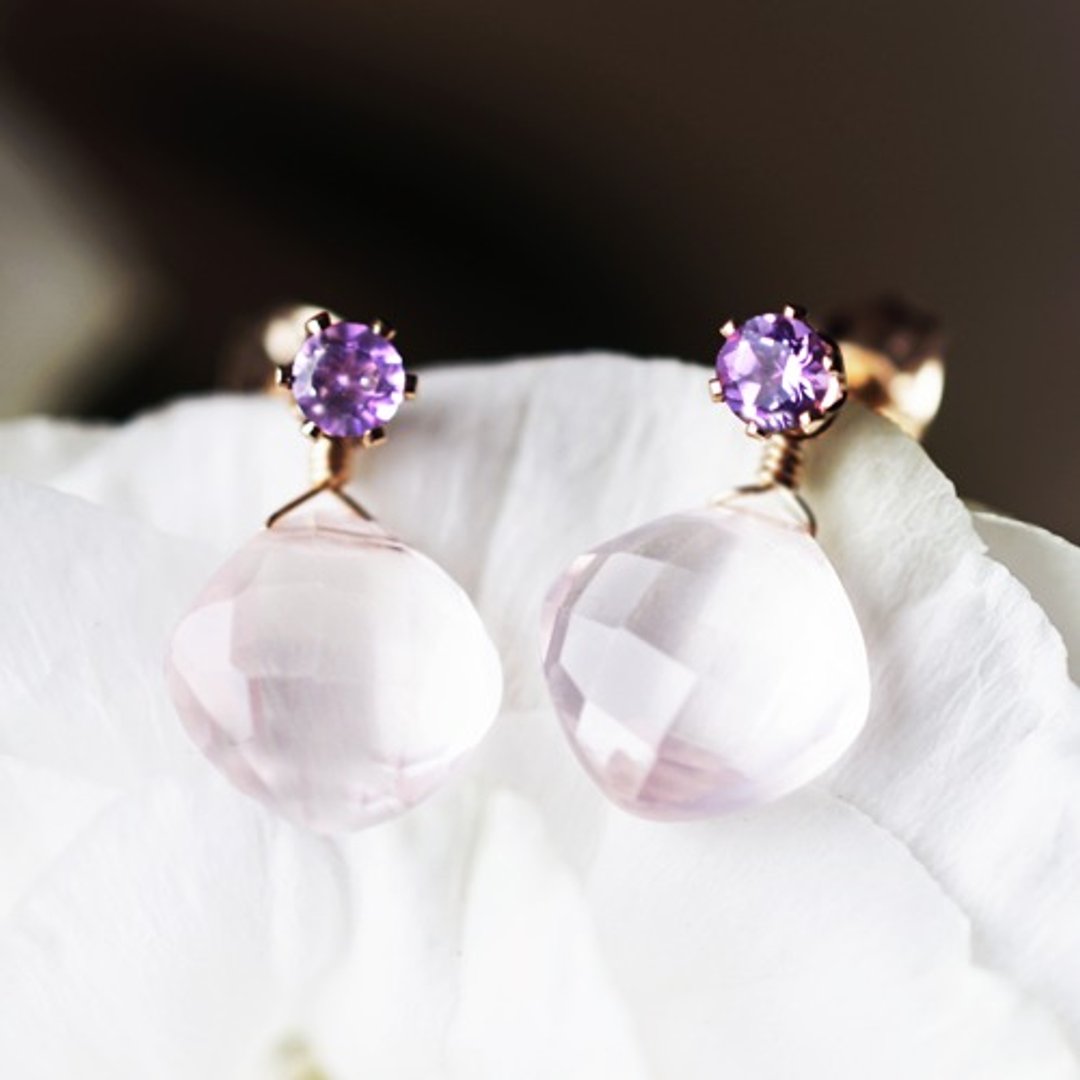2Way Amethyst and Rose Quartz Jewel Earrings Blue Mallow tea - 耳环/耳夹 - 宝石 粉红色