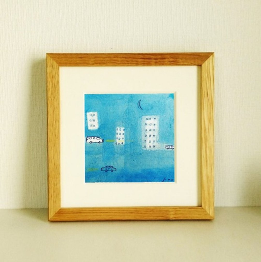 Pinkoi 代购 - 原画《城市之夜》*附木框（18 x 18 厘米框）蓝色画、水彩画、狗 - 海报/装饰画/版画 - 其他材质 
