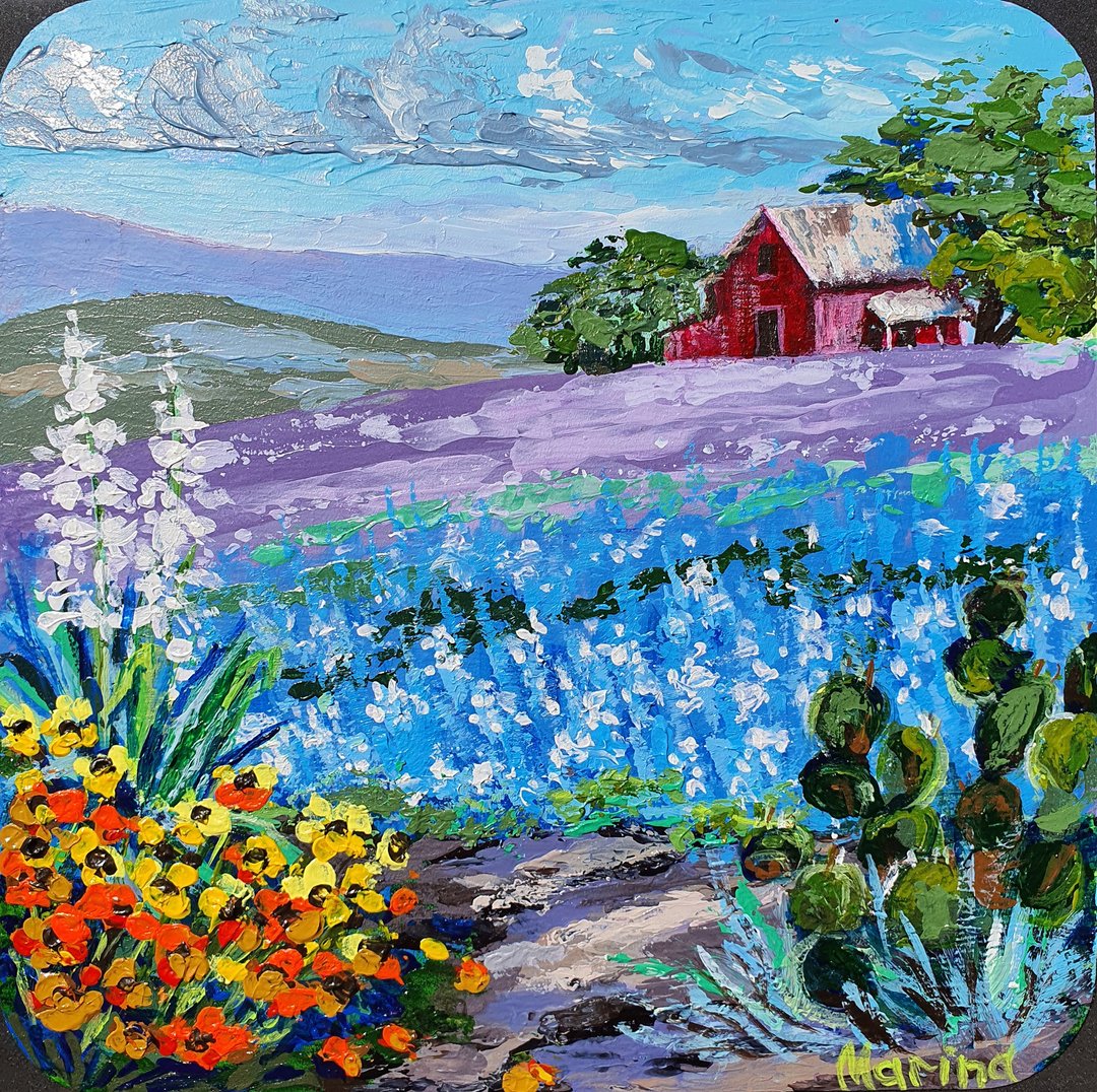 Bluebonnet Painting Burnet Original Highland Lakes Bluebonnet Trail Marble Falls - 海报/装饰画/版画 - 其他材质 蓝色