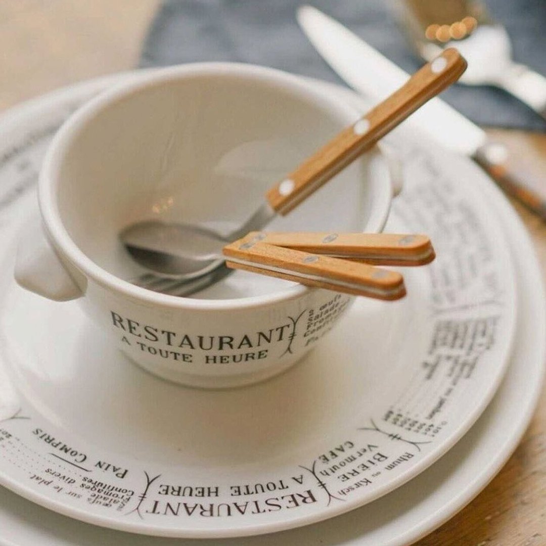 Sabre Paris-Bistrot复古酒馆-亮面不锈钢茶匙-柚木 - 餐刀/叉/匙组合 - 其他金属 卡其色