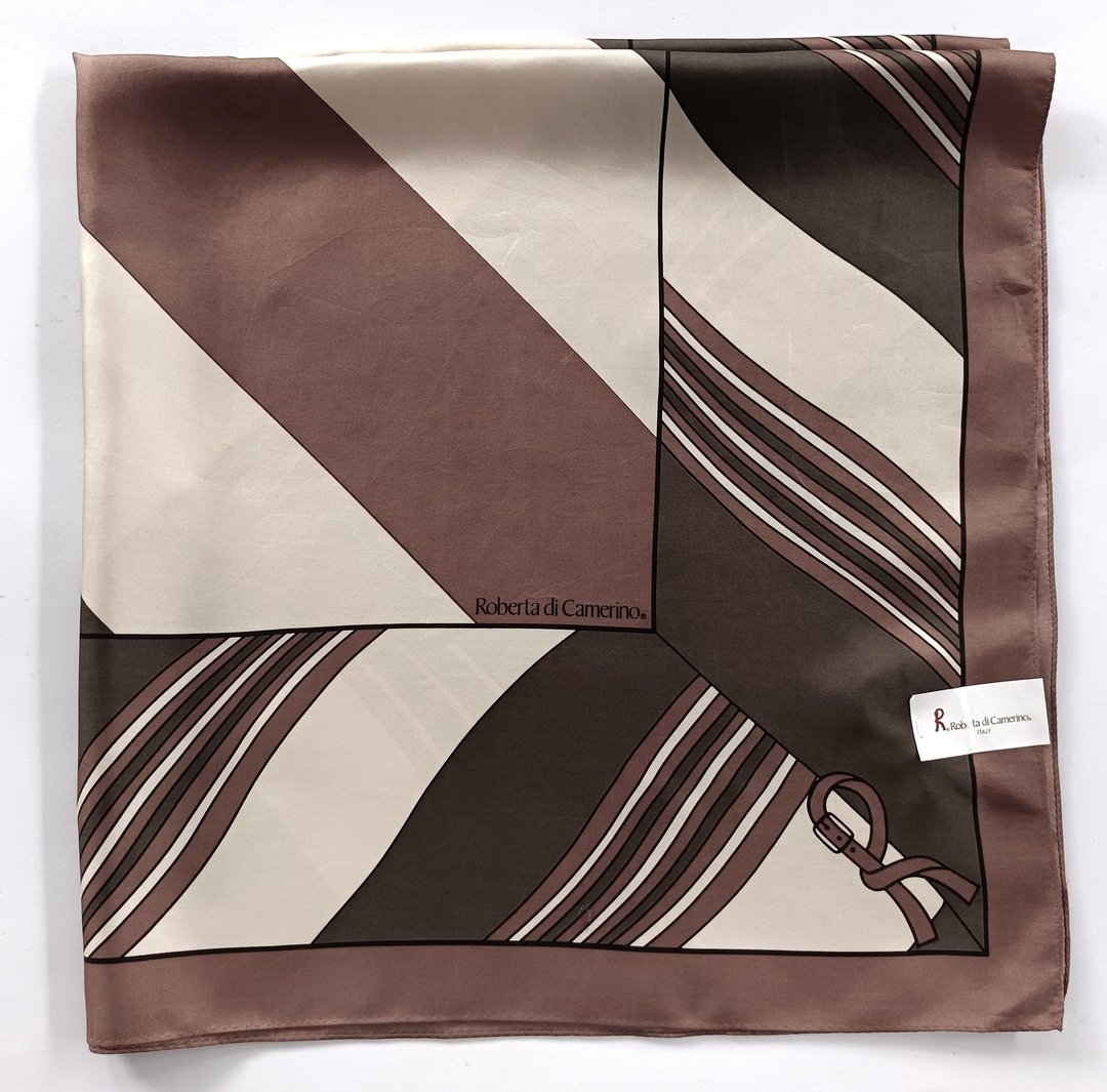 复古 Roberta Di Camerino 丝巾，35 x 35 英寸，附品牌标签 - 丝巾 - 丝．绢 卡其色