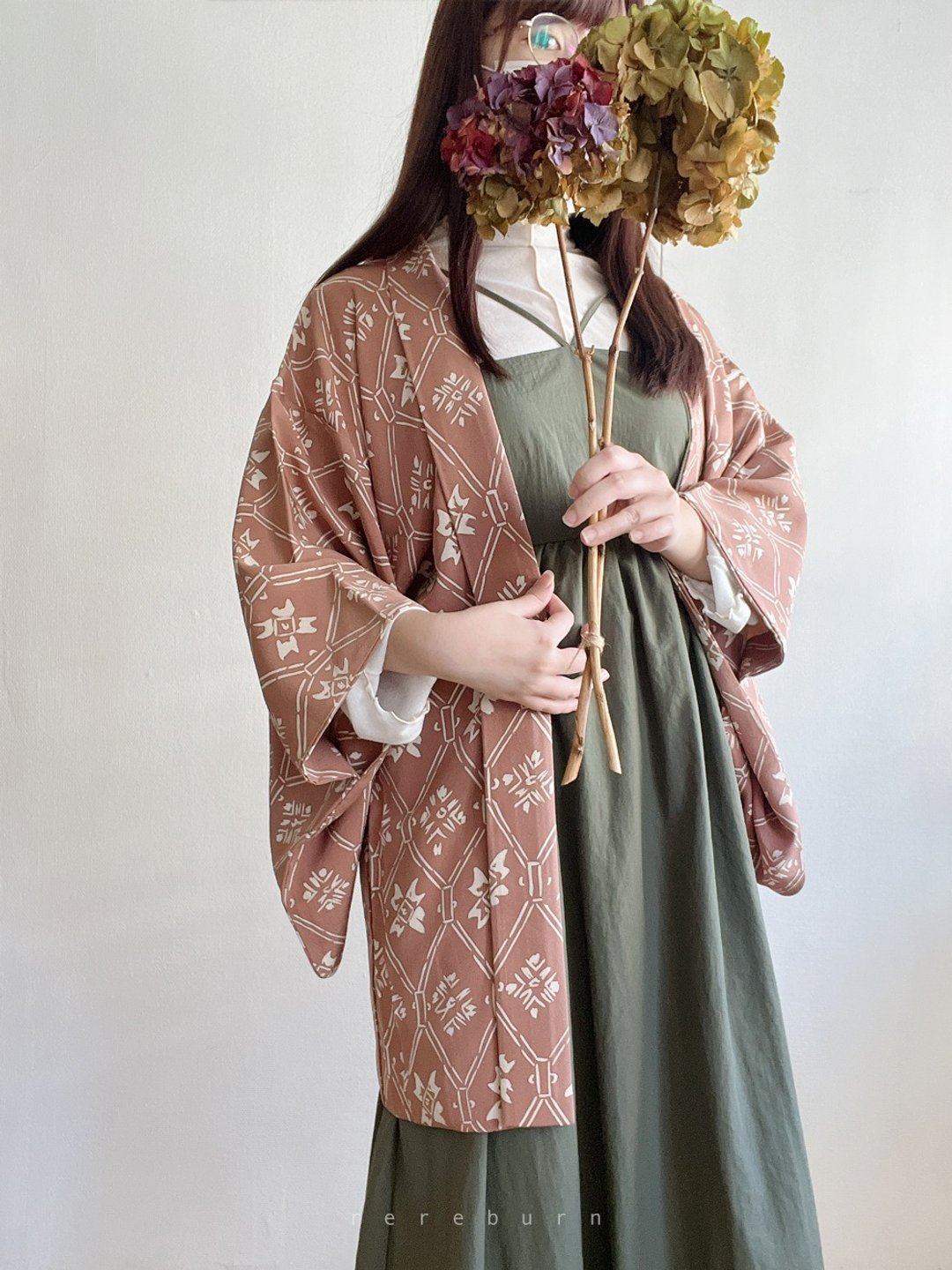 日本制和风印花珊瑚橘长版古着羽织和服外套 - 女装休闲/机能外套 - 聚酯纤维 橘色