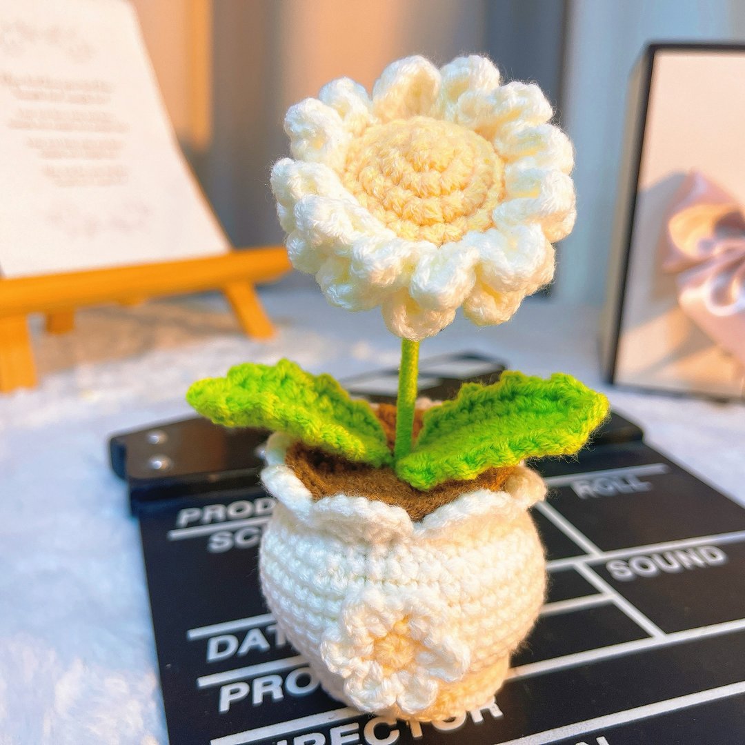 手作钩织盆栽小雏菊 - 干燥花/捧花 - 棉 紫色